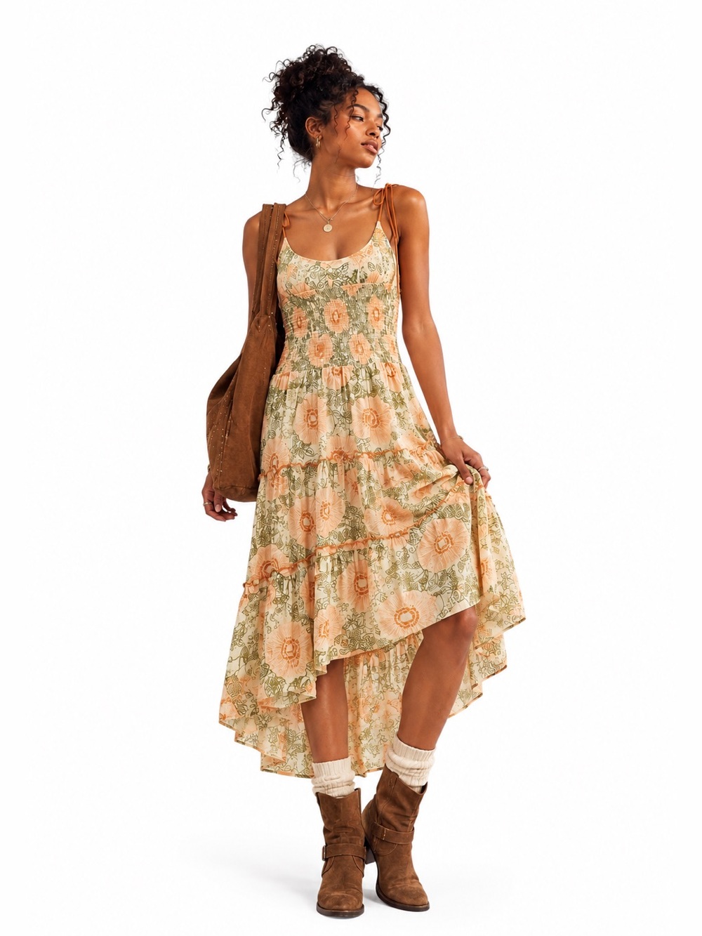 FREE PEOPLE Adriel Tie Strap Tiered Midi Dress Ivory Floral NWT